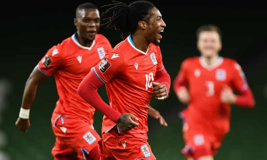 Luxembourg’s Gerson Rodrigues celebrates a famous goal against Ireland.