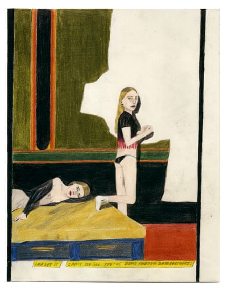 Illustration of two women in underwear, one lying on a bed, one standing with her back to the viewer looking over her shoulder. Caption reads: ‘Forget it. Can’t you see you’ve done enough damage here.’