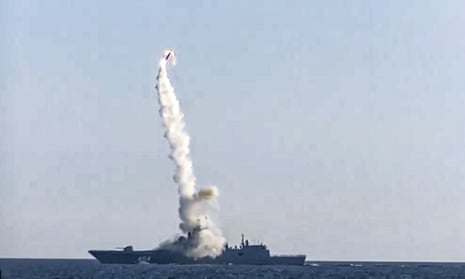 In this file photo taken from video distributed by Russian Defence Ministry Press Service, a new Zircon hypersonic cruise missile is launched from the White Sea, in the north of Russia, Russia.