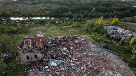 An aerial view of destroyed buildings in Izium.