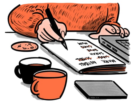 Illustration of someone writing names in a notebook next to a laptop