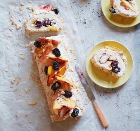 Yotam Ottolenghi’s rolled pavlova with peaches and blackberries