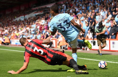 Bournemouth’s Steve Cook clatters into Gabriel Jesus.