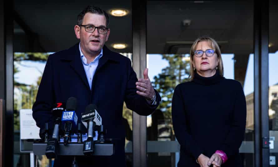 Daniel Andrews speaks to the media alongside Jacinta Allan