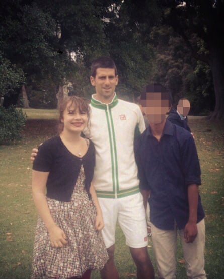Matilda Boseley poses with Novak Djokovic and her friend