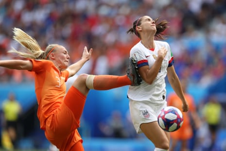 Alex Morgan of the USA is fouled by Stefanie Van der Gragt of the Netherlands leading to a penalty during the 2019 FIFA Women’s World Cup Final at Stade de Lyon.