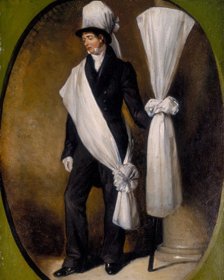 An example of a funeral mute, circa 1830s, by Robert William Buss. The white sash and staff indicate that he is dressed to precede the funeral of a child.