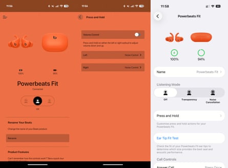 Screenshots from the Beats app on Android alongside those from the Settings app on iOS.