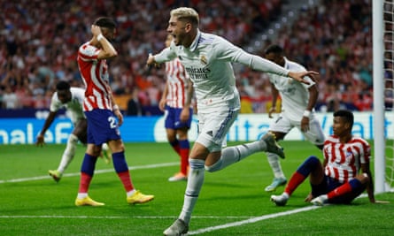 Federico Valverde celebrates after scoring Real Madrid’s second goal.