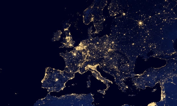 Satellite view of city lights in several European and Nordic cities