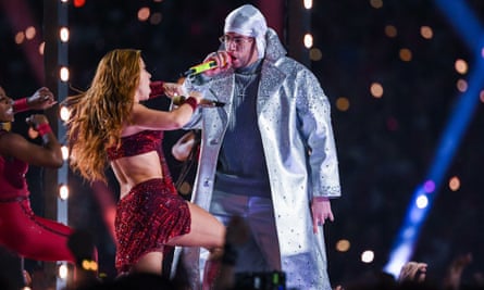 Shakira and Bad Bunny, from Colombia and Puerto Rico respectively, perform during the Super Bowl in Miami on 2 February 2020.