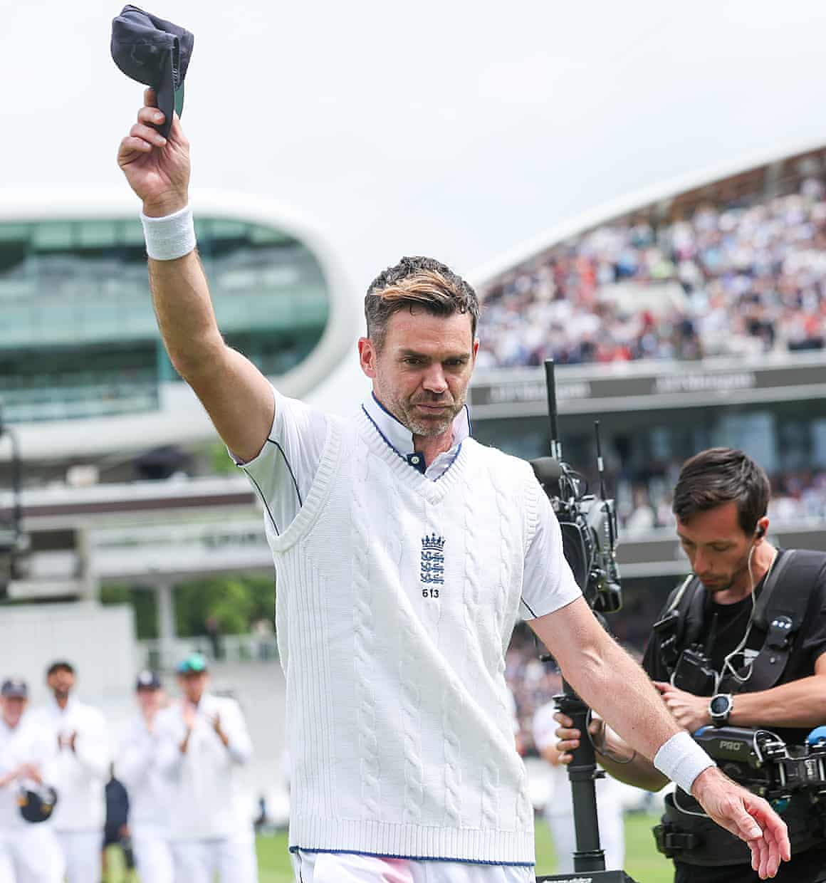 Jimmy Anderson waves to the crowd at Lord’s as England win against West Indies and his Test career comes to an end.