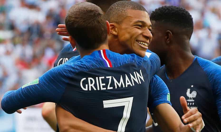 Antoine Griezmann and Kylian Mbappe celebrate at the World Cup in Russia. 