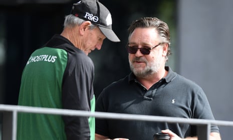 Actor Russell Crowe, co-owner of NRL grand finalists South Sydney since 2006, with Rabbitohs coach Wayne Bennett.