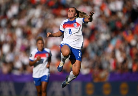 Georgia Stanway jumps in the air as she celebrates her goal against the Netherlands at Euro 2025