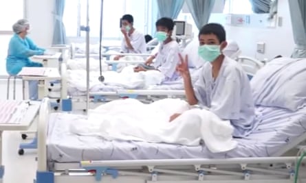The boys recover on an isolation ward at Prachanukroh hospital, Chiang Rai.