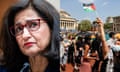 Columbia University president Minouche Shafik testifies during a House hearing in Washington DC on 17 April 2024. Columbia University students protest on campus in support of Palestinians on 29 April 2024.