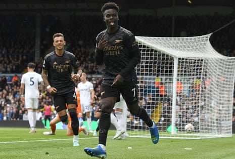 Bukayo Saka celebrates scoring what turned out to be the game’s only goal as Arsenal beat Leeds