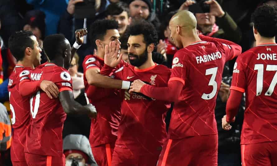 Mohamed Salah celebrates opening the scoring for Liverpool from the penalty spot