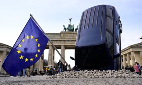 A Greenpeace installation at the Brandenburg Gate in Berlin in protest against German opposition to the EU ban on new cars with combustion engines by 2035.