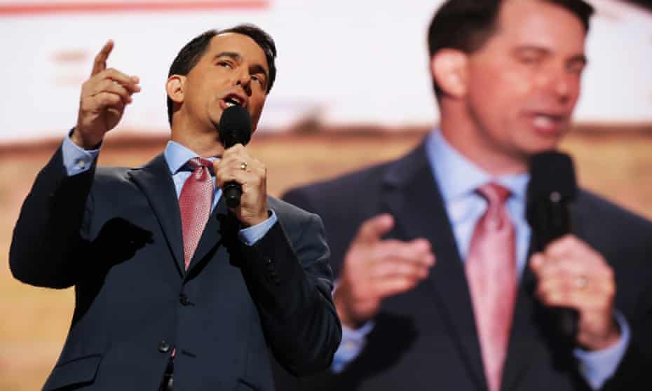 Scott Walker delivers a speech on the third day of the Republican national convention on 20 July 2016 in Cleveland, Ohio. 