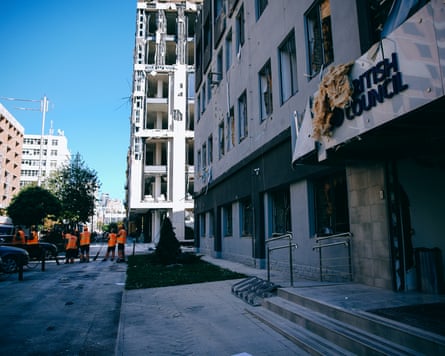 The British Council building in central Kyiv showing damage to front.