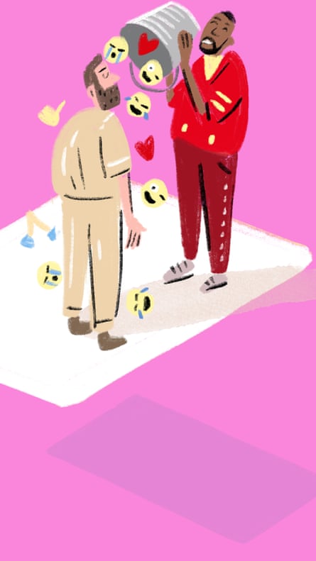Illustration of man emptying a bucket of emojis on to another man