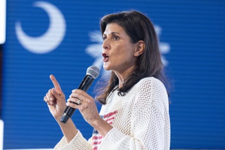 Former South Carolina governor and Republican presidential contender Nikki Haley addresses a crowd at Holy City Brewing in North Charleston.