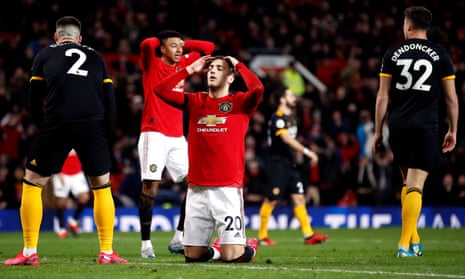 Manchester United’s Diogo Dalot reacts after his header went inches wide in the final minute of the match.