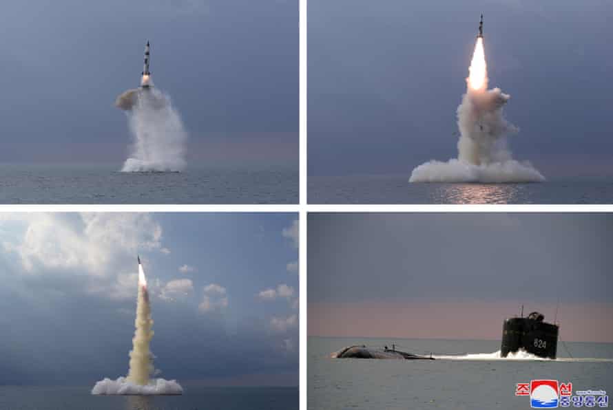 A combination of pictures shows what Pyongyang said was a new submarine-launched ballistic missile.
