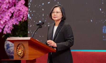 Taiwan President Tsai Ing-wen delivers a speech on the day of her seventh anniversary as president