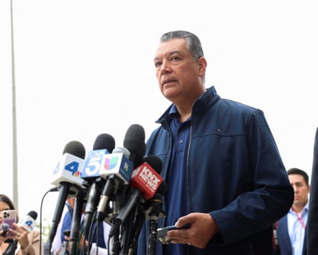 US senator Alex Padilla gives a statement.