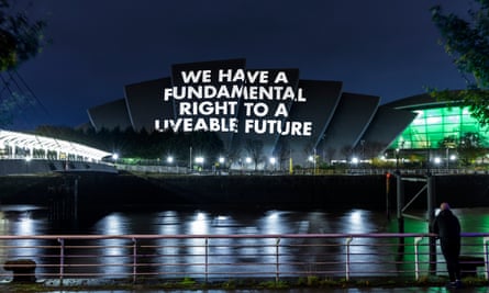 Holzer's Hurt Earth project featured a light projection of the SEC Armadillo building in Glasgow to coincide with the Cop26 climate conference.