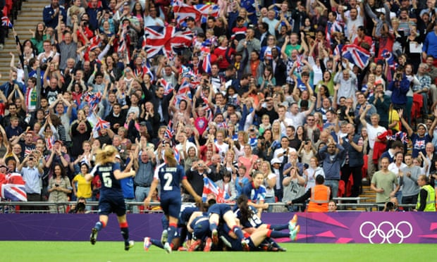 Team GB fans celebrate after Steph Houghton scores against Brazil at Wembley during London 2012.