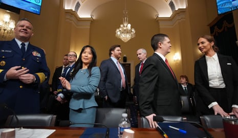 US Coast Guard acting vice-commandant V Adm Thomas Allan Jr, senior official performing the duties of the TSA administrator Ha Nguyen McNeill, and Cybersecurity and Infrastructure Security Agency acting director and deputy director Nicholas Andersen arrive to a House homeland security committee hearing.
