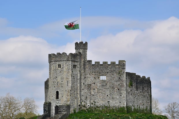 The Welsh flag flies at half mast from Cardiff Castle.