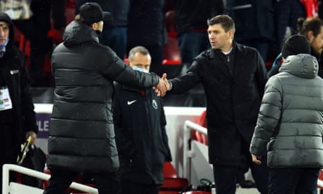 Steven Gerrard and Jürgen Klopp shake hands at Anfield in December.