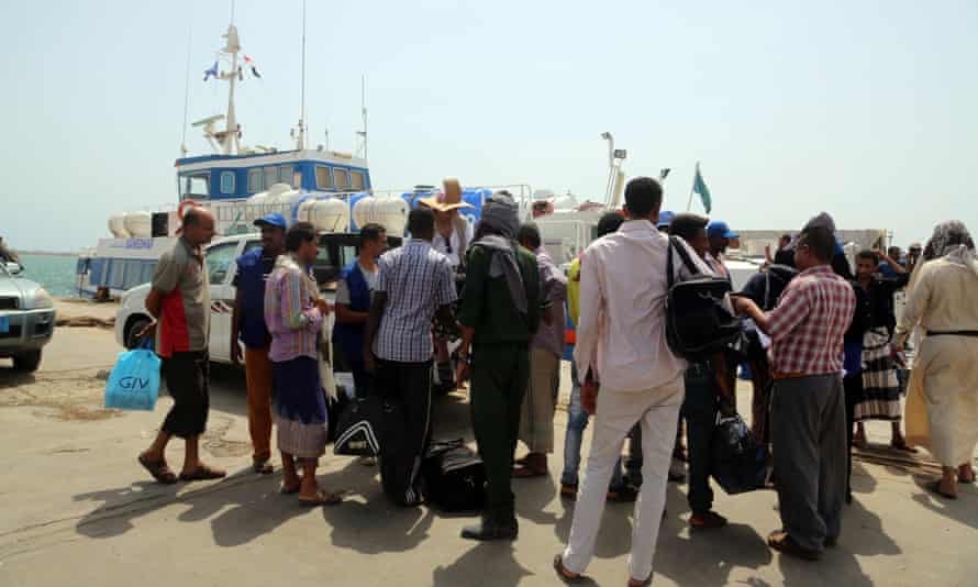 Ethiopian nationals await at the Red Sea port of Hodeida to repatriated by the International Organisation for Migration via Djibouti.
