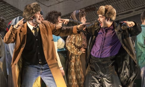 Rhydian Jenkins (left) and Dafydd Allen with the cast of Cherry Town, Moscow.