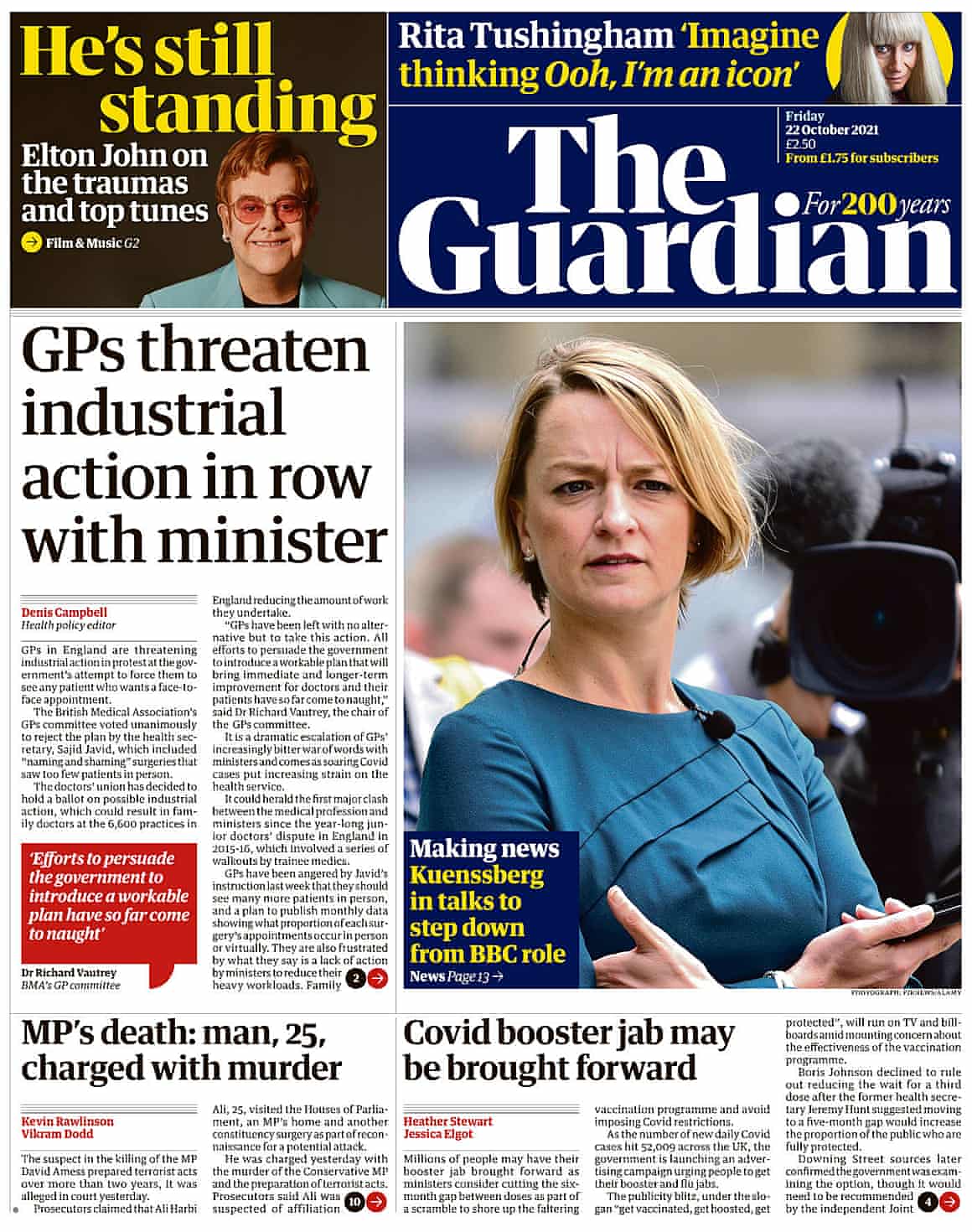 Guardian front page, 22 October 2021