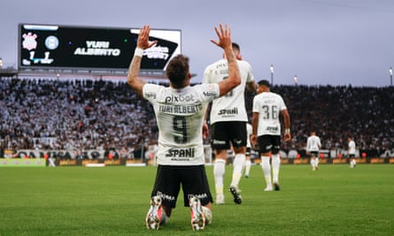 Yuri Alberto celebrates a goal for Corinthians.