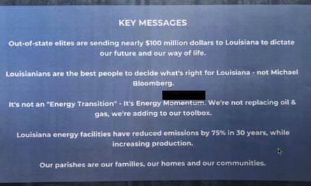 A slide from a meeting earlier this year of the Louisiana Industry Sustainability Council, a group of petrochemical companies and economic development interests in Louisiana. Michael Bloomberg is backing grassroots activists opposing new petrochemical development in the US. The council says its strategy of mentioning Bloomberg in its messaging has been abandoned.