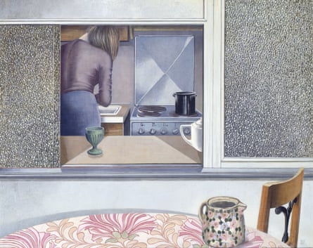 A painting of a woman through a hatch into the kitchen
