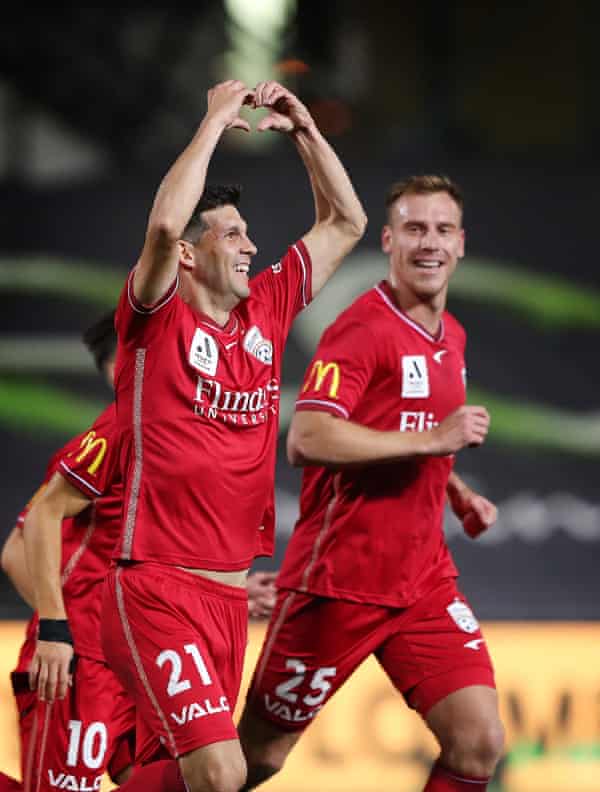 Javi Lopez celebrates a goal for Adelaide last weekend.