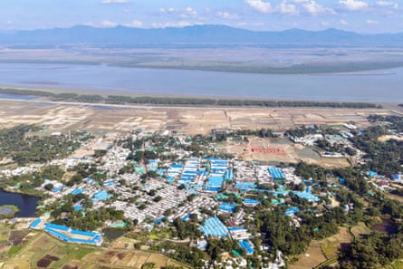 Aerial photograph showing a view of the Nayapara Rohingya refugee camp with a wide river in the background