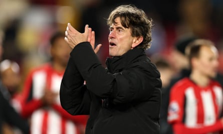 Thomas Frank, manager of Brentford, applauds the fans following the Premier League match against Newcastle