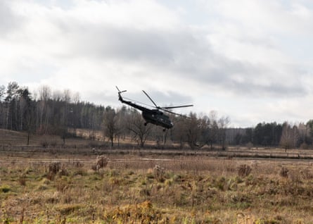A Polish military helicopter patrols the border with Belarus in the Podlasie region.