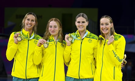 Emma McKeon (left) won her 10th Commonwealth Games gold medal with the women's 4x100m freestyle relay team on day two in Birmingham.