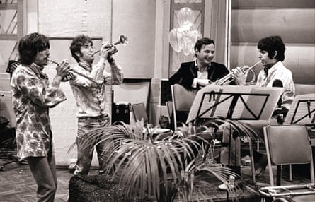 The Beatles and Brian Epstein at Abbey Road for the Our World live broadcast in June 1967.