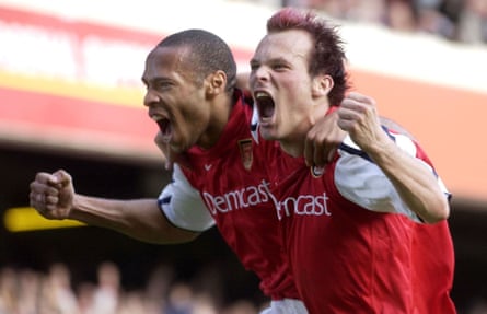 Thierry Henry celebrates with Freddie Ljungberg during Arsenal’s 2-0 win against Ipswich at Highbury in 2002.
